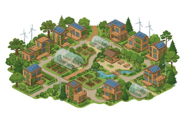 Naklejka premium Sustainable eco-village with modern homes, greenhouses, and renewable energy sources