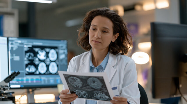 Neuroscience researcher in a university lab reviewing brain scan images showing treatment response to psilocybin therapy protocol, clinical research setting, scientific inquiry, psychedelic-assisted