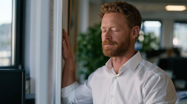 Office worker doing grounding exercises under a standing desk between calls, one hand on the wall, eyes closed, corporate panic management, open-plan office nearby visible, anxiety regulation in pro