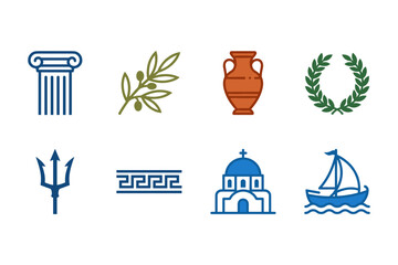 Naklejka premium Collection of iconic Greek symbols and elements, representing culture and history