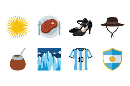 Argentinian culture symbols including sun, steak, tango shoes, hat, mate, mountains, jersey, and flag