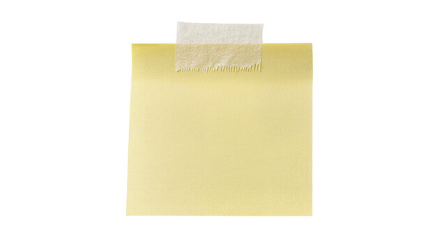 Yellow sticky note with torn tape attached, isolated on transparent background