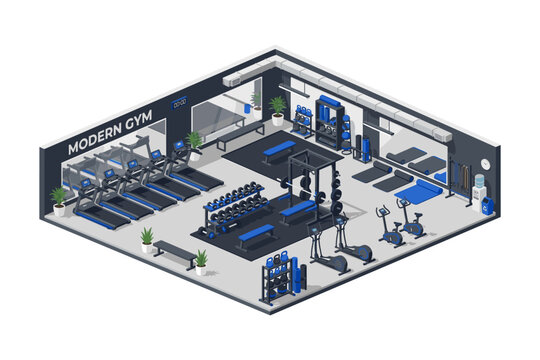 Modern isometric gym interior with cardio and weight training equipment
