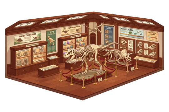 Dinosaur museum exhibit with skeletons and fossils displayed in dioramas