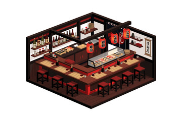 Obraz premium Isometric pixel art sushi bar interior with counter seating and traditional Japanese decor