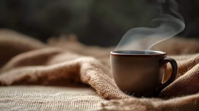Steaming coffee cup on rustic burlap fabric background