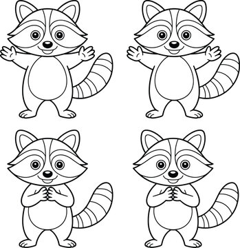 Playful cartoon raccoon outline characters in 2x2 grid with expressive poses