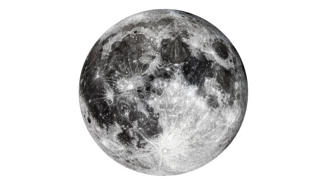 Detailed full moon surface with craters and maria, isolated on transparent background