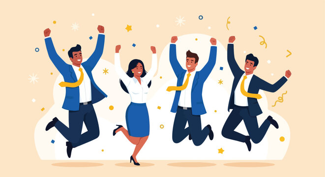 Joyful business professionals jumping in celebration of corporate success.