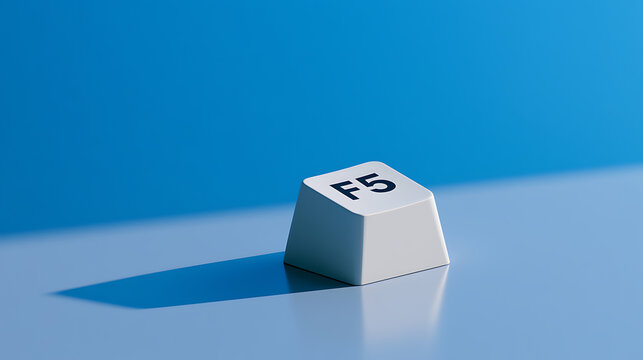 F5 Refresh Key Isolated on a Vibrant Blue Background with Reflective Surface and Long Shadow, Representing Reload and Update