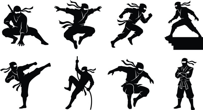 Black Silhouette Collection of Ninjas in Dynamic Martial Arts Poses with Traditional Attire and Weapons