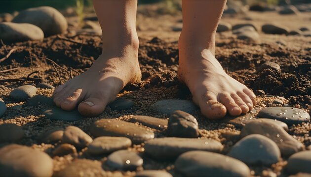 Close-up of bare feet pressing onto smooth river stones and volcanic sand during a grounding ritual. Represents somatic wellness, nervous system regulation, and a deep connection to nature.
