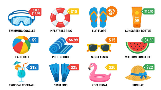 Summer sale at the pool with inflatable swim rings and sunglasses on