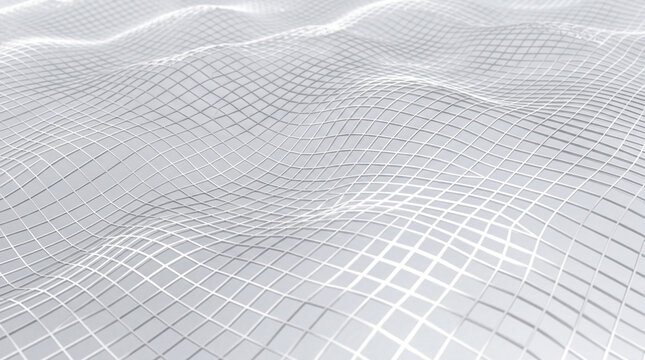 Abstract 3D white grid pattern with flowing waves on a light gray background