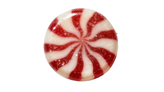 Round red and white striped hard candy with sugar crystals, isolated on transparent background