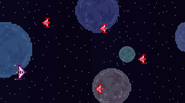 Pixel art animation of an old game with a spaceship flying and shooting at enemy ships in space, art, vintage.