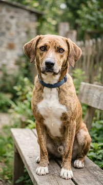 Loyal brindle mixed breed dog sitting alertly on a weathered wooden garden bench in a lush green backyard setting