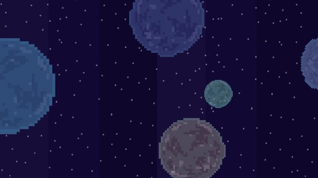 Pixel art animation of space with passing planets and stars, black, art, vintage.