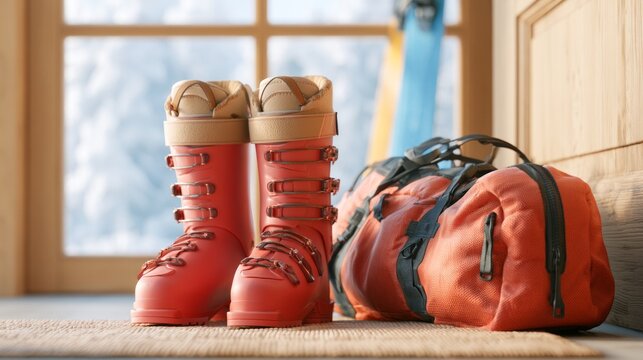 Bright Red Ski Boots Ready for Adventure Beside Packed Gear in Lodge
