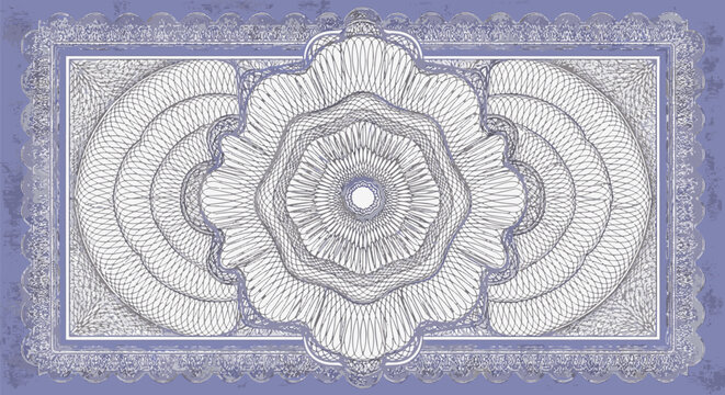 Periwinkle blue guilloche background with intricate central rosette and decorative scalloped border. High-detail spirograph line art for certificate, banknote, and security document design.