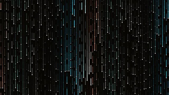 Abstract digital data stream falling vertical lines and glowing particles.