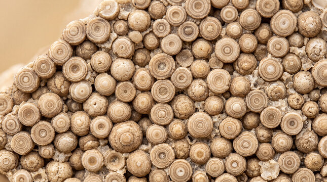 Oolitic limestone sedimentary rock macro with concentric ooid grains on solid warm beige background