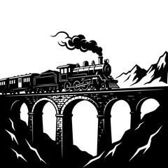 Black silhouette of a vintage steam locomotive train crossing a stone bridge over mountains on a white background isolated © shahin11