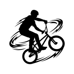 Obraz premium Dynamic black silhouette of a bmx rider performing a trick with circular motion lines, isolated on a white background, extreme sports
