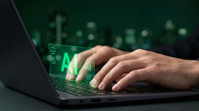 Ai governance regulation digital future control technology law icon hand typing laptop. Technology compliance innovation. policy security intelligence, law system risk, justice privacy