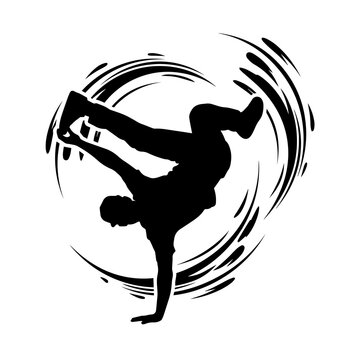 Dynamic silhouette of a breakdancer performing a freeze pose with circular motion lines on a plain white background, for use