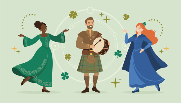 Three people in traditional celtic and scottish clothing dancing and playing a drum with clovers and stars on a green background.