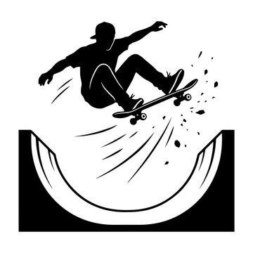 Black and white silhouette of a skateboarder performing a trick in a half pipe ramp with debris flying on white background
