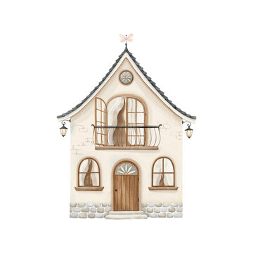 Cute watercolor house with porch, balcony, windows, beautiful roof anf flashlights. Isolated illustration for your cartoon design with fairy, princesse or small animals, hand-drawn childish print.