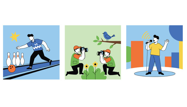 Three colorful panels showing diverse people enjoying hobbies like bowling playing with birds and singing on a stage for creative expression.