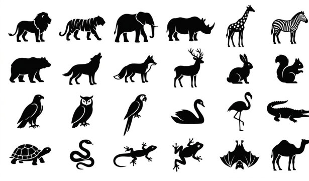 Wild Animal Silhouette Icons Vector Set with Mammals Birds and Reptiles Collection