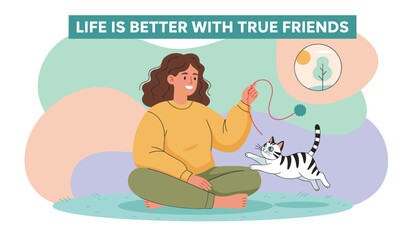 Obraz premium Smiling woman sitting comfortably on the grass and playing with her cat using a colorful toy string in a heartwarming and friendly scene.