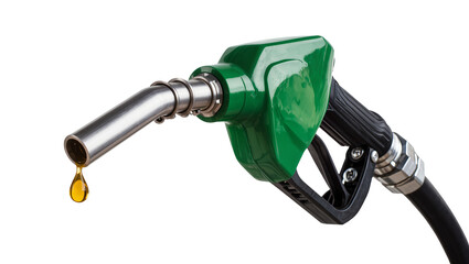 Fototapeta premium Green gas pump nozzle with dripping golden fuel drop, isolated on transparent background