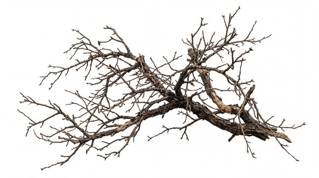 Dry dead tree branch with bare gnarled twigs isolated on white background