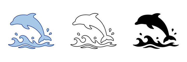 Playful dolphin leaping from ocean waves in a simple graphic style