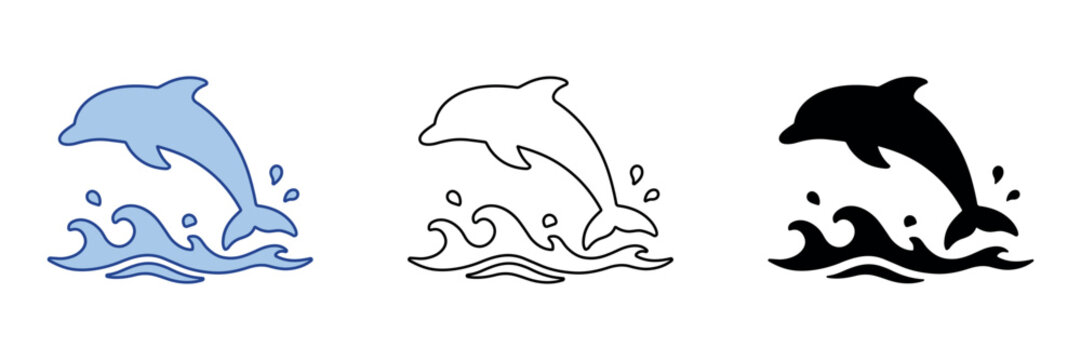 Playful dolphin leaping from ocean waves in a simple graphic style