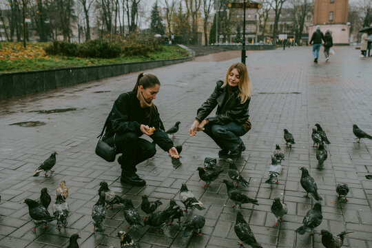 Female friends feeding pigeons on rainy autumn day in city square