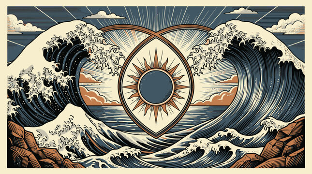 Ocean wave emblem with sun eye circle vintage vector illustration.