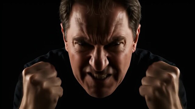 Angry man with clenched fists and furrowed brow against a dark background, showing teeth