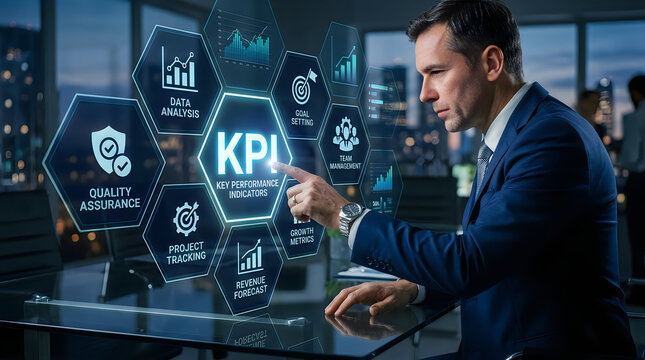 Business executive using digital interface to analyze key performance indicators and company data metrics