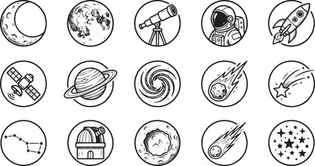 Hand Drawn Astronomy and Outer Space Exploration Vector Icons Set, Circular Outline Elements © Masuda