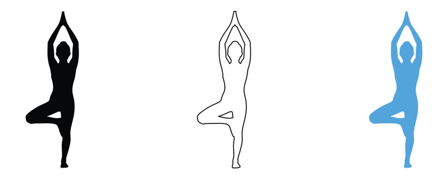 Yoga tree pose illustrations in black white and blue
