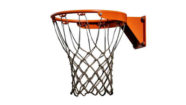 Orange basketball hoop with weathered net, isolated on transparent background