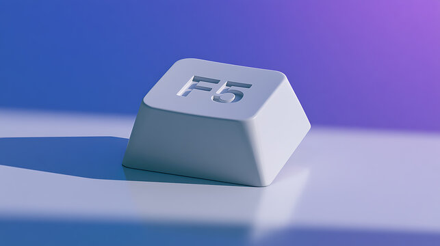 Minimalist white F5 keycap for refreshing, reload concepts, technology, and functionality, casting a soft shadow on a vibrant purple and blue gradient background