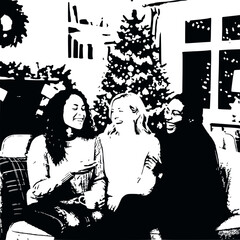 Fototapeta premium Friends laughing at Christmas tree, cozy winter holiday gathering, diverse women smiling