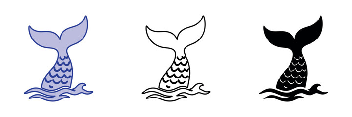 Stylized mermaid tails emerging from wavy water in three distinct artistic styles © Ophelia